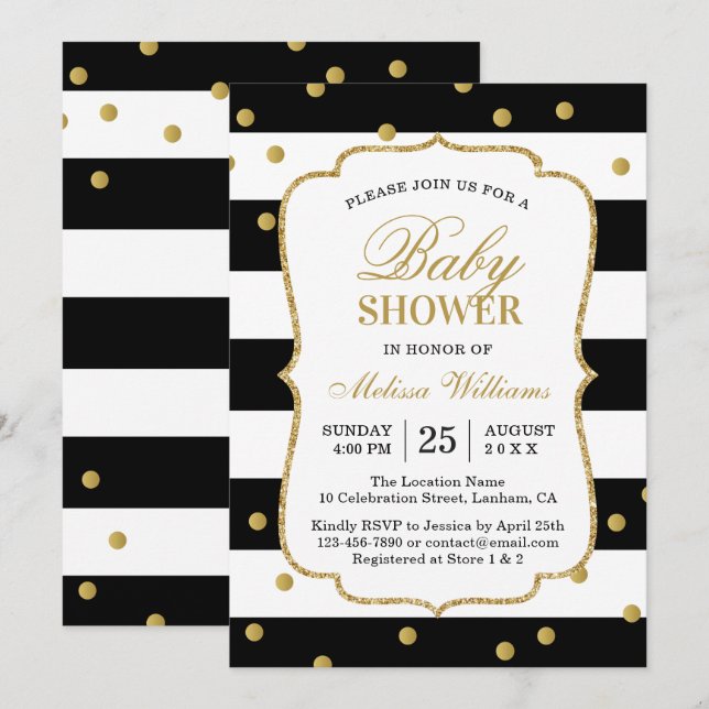 Invitación Elegante Baby Shower de franjas blancas negras mod (Anverso / Reverso)