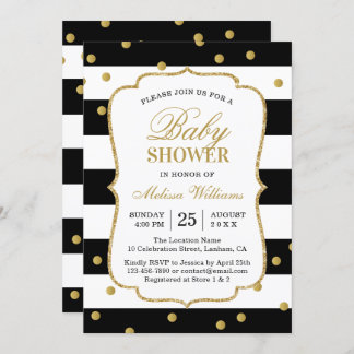 Invitación Elegante Baby Shower de franjas blancas negras mod
