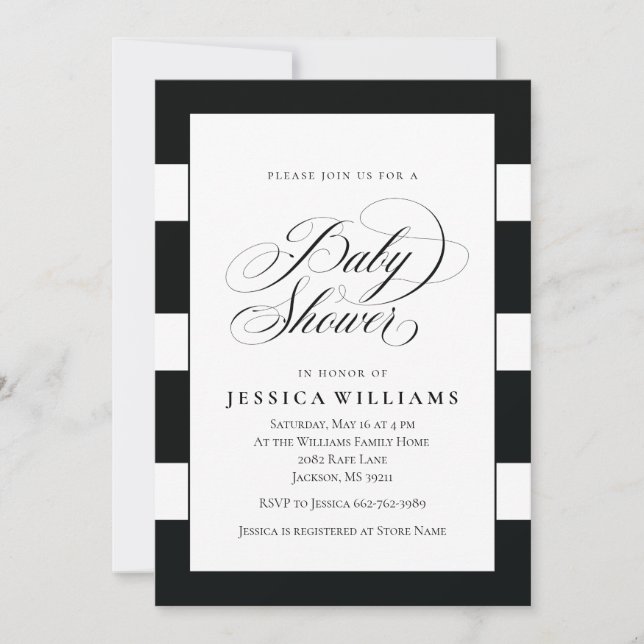 Invitación Elegante Baby Shower de franjas blanco y negro (Anverso)