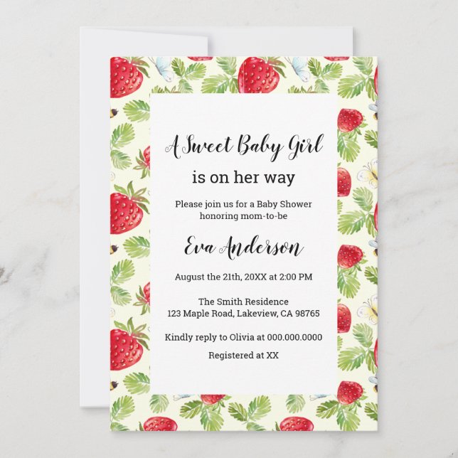 Invitación Elegante Baby Shower de fresa (Anverso)