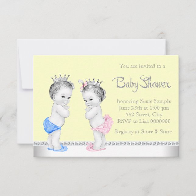 Invitación Elegante Baby Shower de gemelos rosas y azules (Anverso)