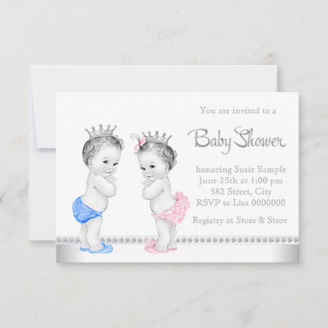 Invitación Elegante Baby Shower de gemelos rosas y azules (Anverso)