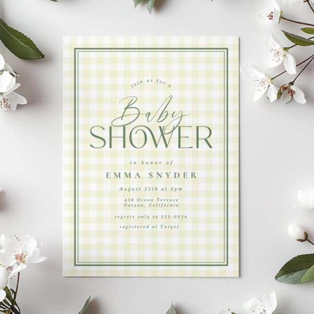 Invitación Elegante Baby Shower de Gingham verde amarillo (Subido por el creador)