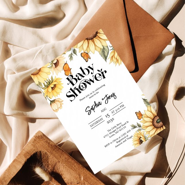 Invitación Elegante Baby Shower de girasol y mariposa (Subido por el creador)