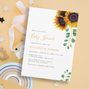 Invitación Elegante baby shower de girasoles y eucalipto