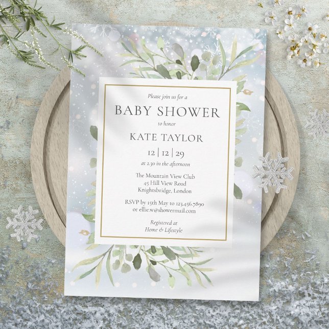 Invitación Elegante Baby Shower de invierno con copas de niev (Elegant Winter Snowflakes Greenery Baby Shower Invitation)