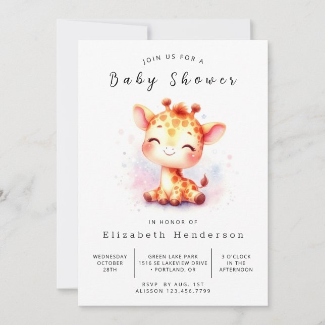 Invitación Elegante Baby Shower de jirafa imprimible (Anverso)