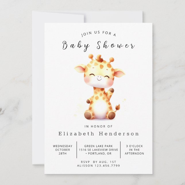 Invitación Elegante Baby Shower de jirafa imprimible (Anverso)