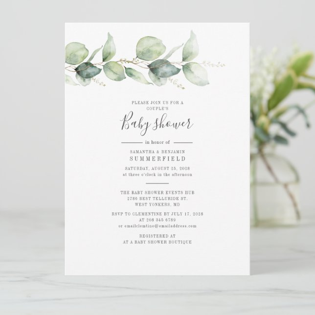 Invitación Elegante Baby Shower de la pareja botánica Eucalyp (Anverso de pie)