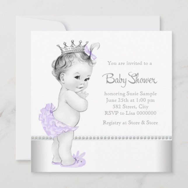 Invitación Elegante Baby Shower de Lavanda y Plata (Anverso)