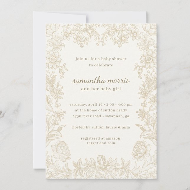 Invitación Elegante Baby Shower de marfil floral (Anverso)