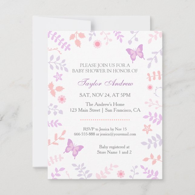 Invitación Elegante Baby Shower de mariposa floral de primave (Anverso)