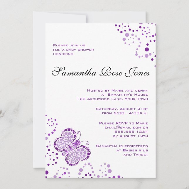 Invitación Elegante Baby Shower de mariposa morada y blanca (Anverso)