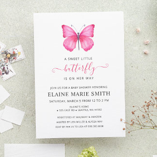 Invitación Elegante Baby Shower de mariposa rosa simple