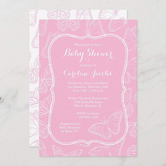 Invitación Elegante Baby Shower de mariposa rosa y blanca (Anverso / Reverso)