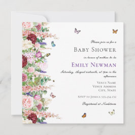Invitación Elegante Baby Shower de mariposas florales rosadas