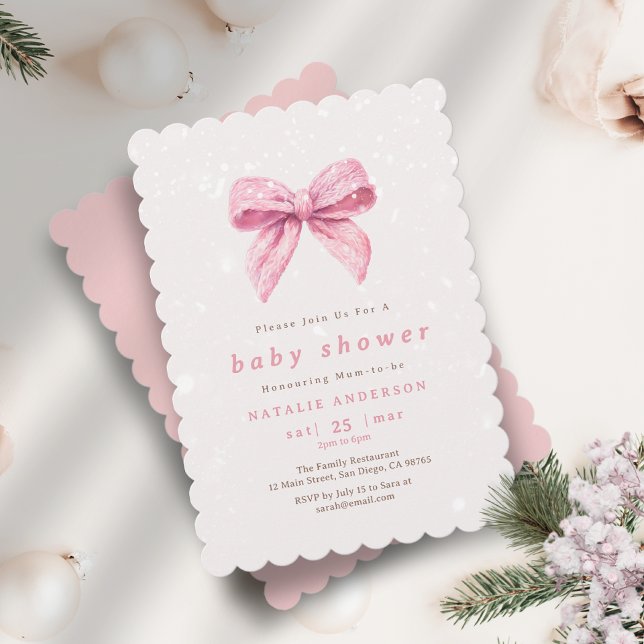 Invitación Elegante Baby Shower de nieve rosa de invierno Coq (Elegant Pink Winter Snow Coquette Baby Shower Invitation)