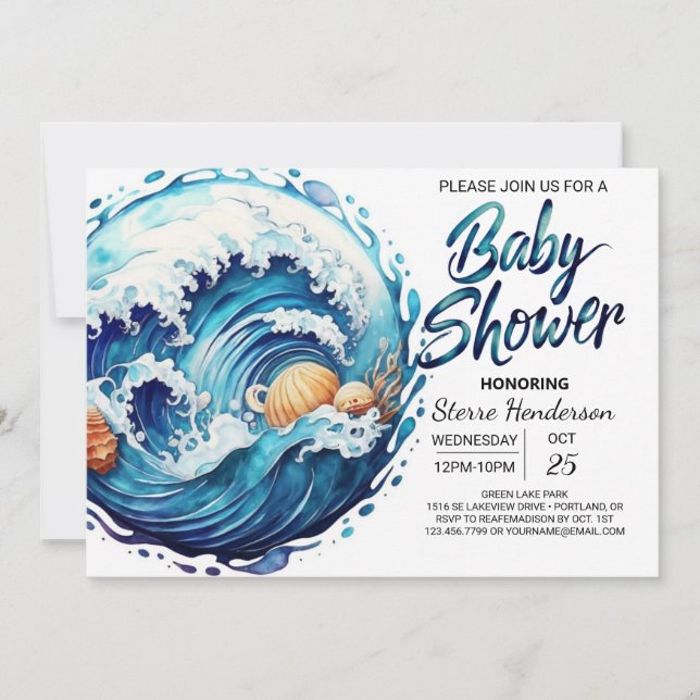 Invitación Elegante Baby Shower de ondas marinas (Anverso)
