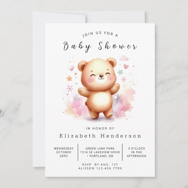 Invitación Elegante Baby Shower de oso feliz (Anverso)