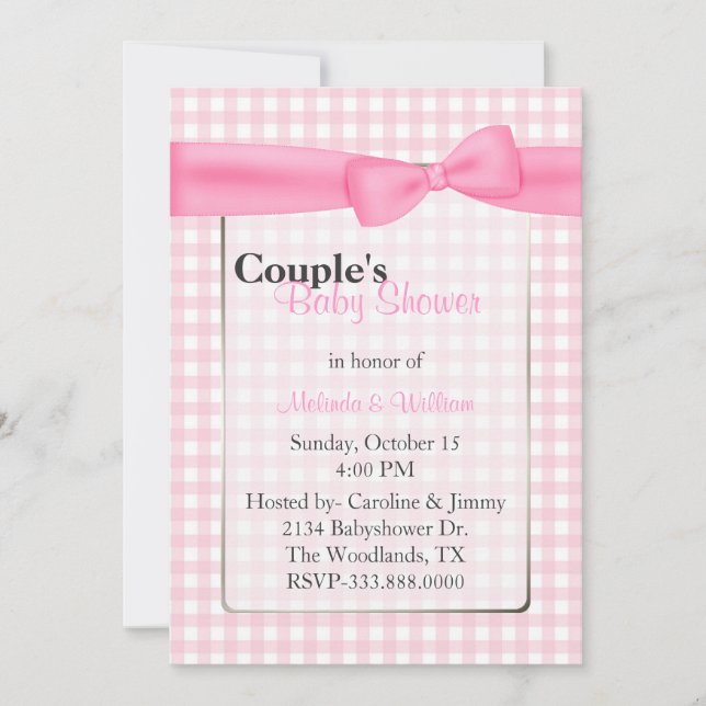 Invitación Elegante Baby Shower de pareja de cuadros rosados (Anverso)