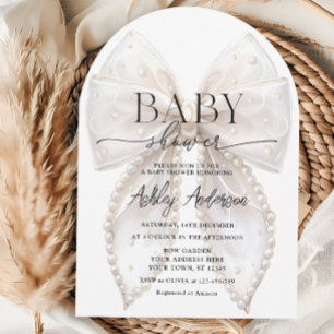 Invitación Elegante Baby Shower de Pearl Bow Blanco