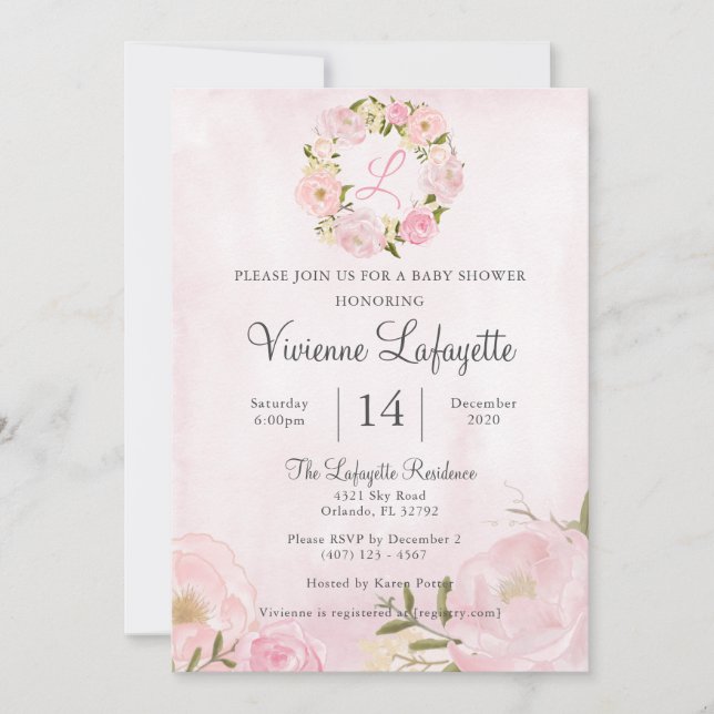 Invitación Elegante Baby Shower de Peony Rosa (Anverso)