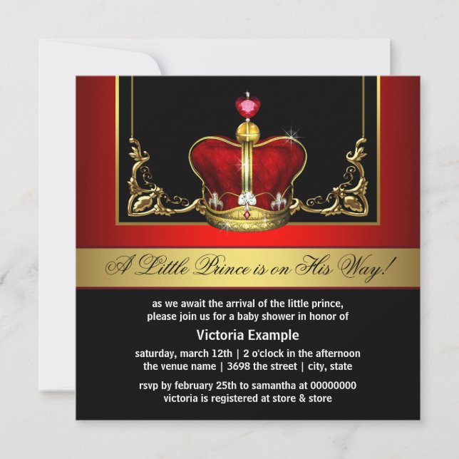 Invitación Elegante Baby Shower de príncipe rojo y oro (Anverso)