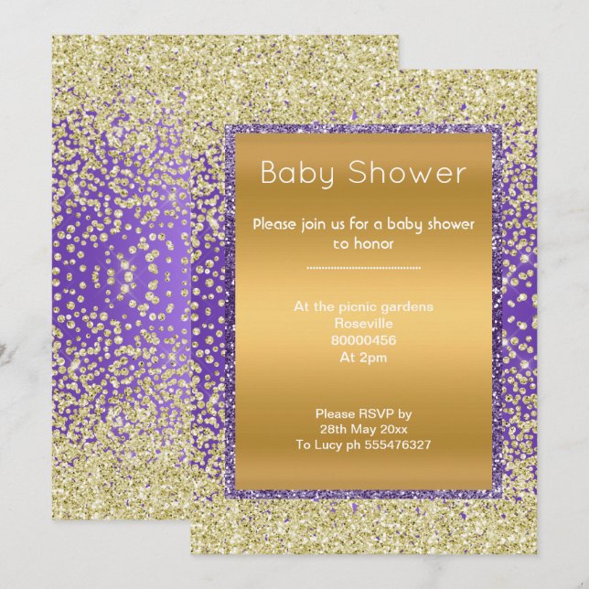 INVITACIÓN ELEGANTE BABY SHOWER DE PURPLE GOLD DIAMOND (Anverso / Reverso)