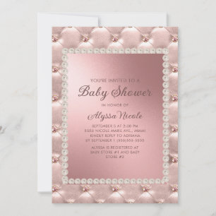 Invitación Elegante Baby Shower de Rosa Dorado Blanco Perlas