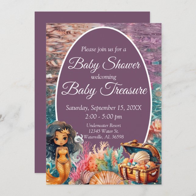 Invitación Elegante Baby Shower de sirena negra (Anverso / Reverso)