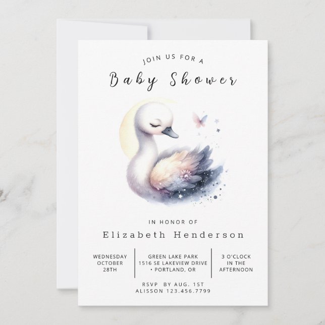 Invitación Elegante Baby Shower de Swan editable (Anverso)