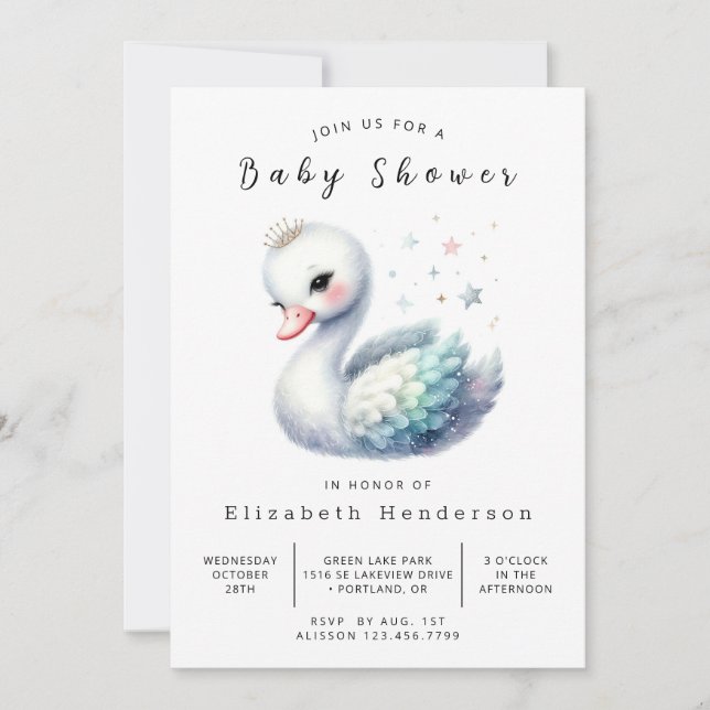 Invitación Elegante Baby Shower de Swan editable (Anverso)