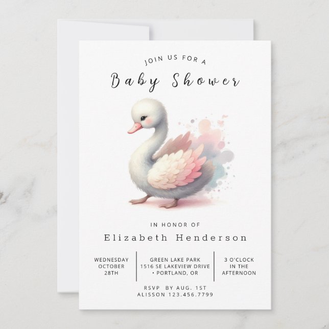 Invitación Elegante Baby Shower de Swan editable (Anverso)