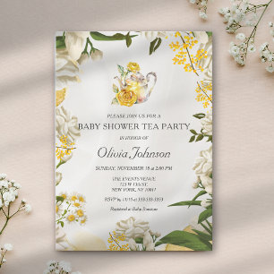 Invitación Elegante Baby Shower de té floral verde amarillo