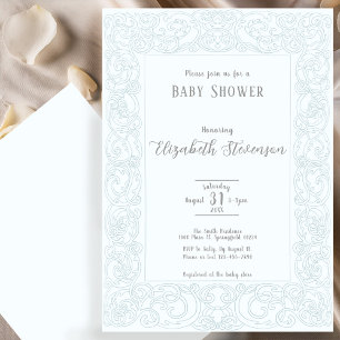 Invitación Elegante Baby Shower de Trabajos Azules con Voluta