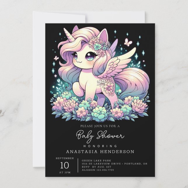 Invitación Elegante Baby Shower de Unicornio (Anverso)