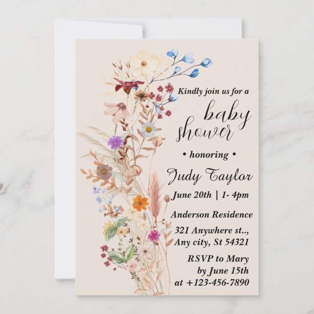 Invitación Elegante Baby Shower de Wildflower Boho (Anverso)