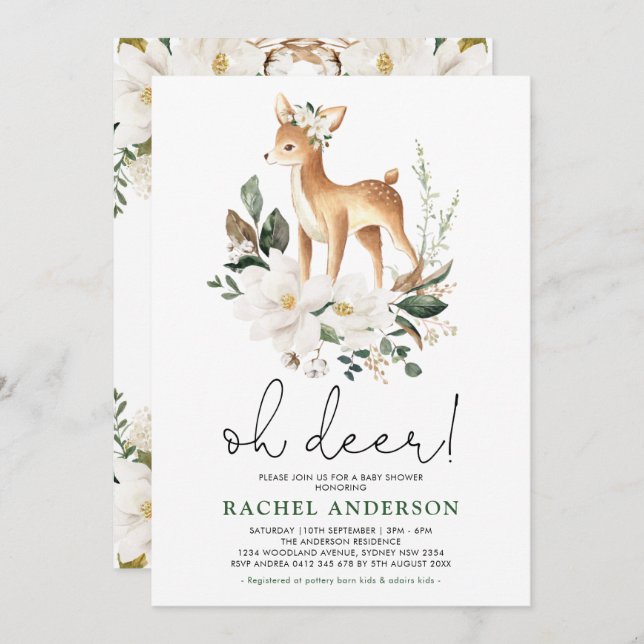 Invitación Elegante Baby Shower Deer Ivory Floral Greenery (Anverso / Reverso)