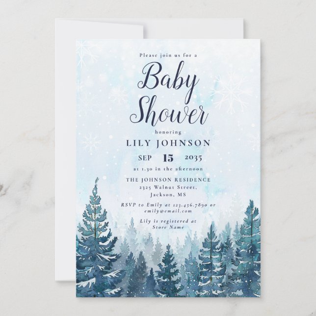 Invitación Elegante Baby Shower del bosque de pinos de invier (Anverso)