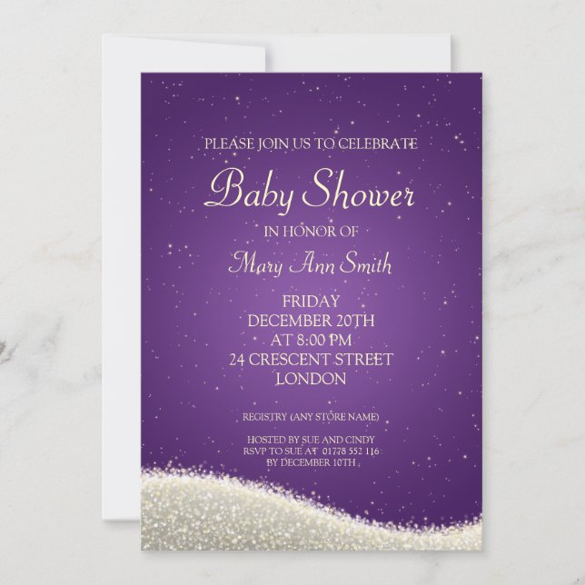 Invitación Elegante Baby Shower deslumbrante esparce morado (Anverso)