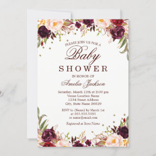 Invitación Elegante Baby Shower dorado con flores de borgoña