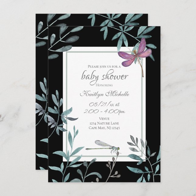 Invitación Elegante Baby Shower Dragonfly Garden Greenery (Anverso / Reverso)