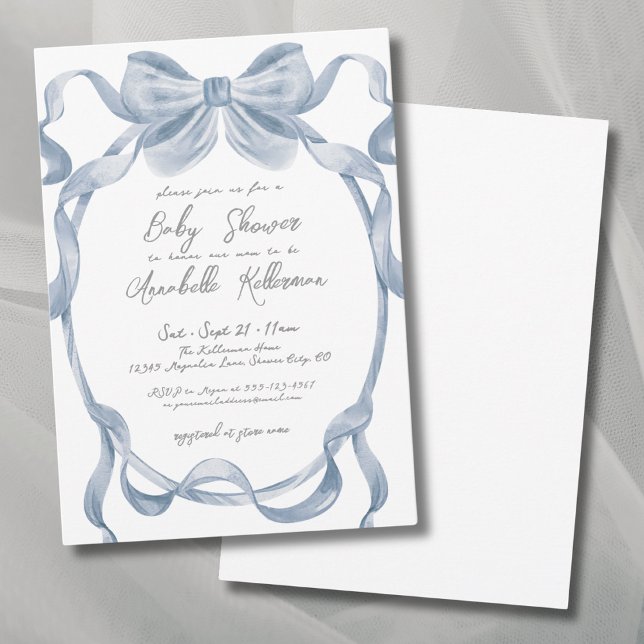 Invitación Elegante Baby Shower Dusty Blue Bow (Elegant Dusty Blue Bow Baby Shower Invitation)