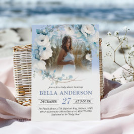 Invitación Elegante Baby Shower Dusty Blue Floral