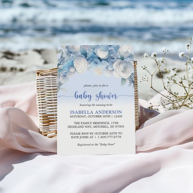 Invitación Elegante Baby Shower Dusty Blue Floral (Elegant Dusty Blue Floral Baby Shower Invitation)