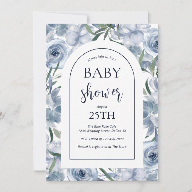 Invitación Elegante Baby Shower Dusty Blue Floral (Anverso)