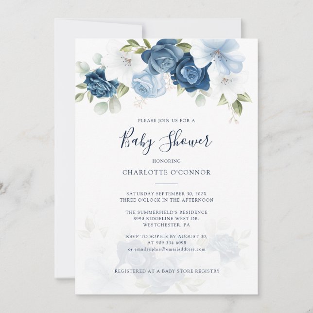 Invitación Elegante Baby Shower Dusty Blue Floral (Anverso)