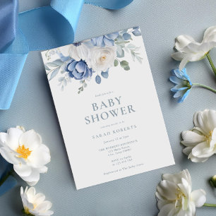 Invitación Elegante Baby Shower Dusty Blue Floral Winter
