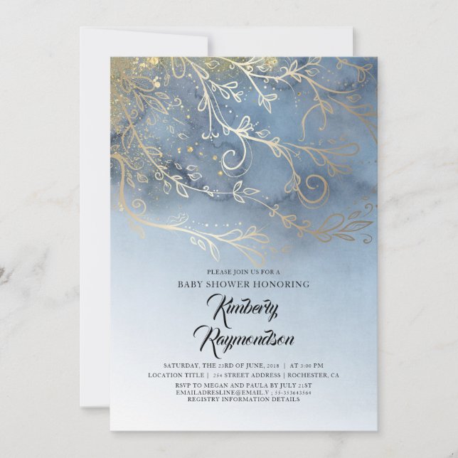 Invitación Elegante Baby Shower Dusty Blue y Gold Modern (Anverso)