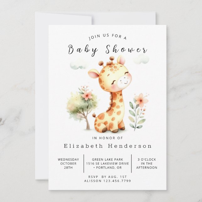 Invitación Elegante Baby Shower editable Giraffe (Anverso)